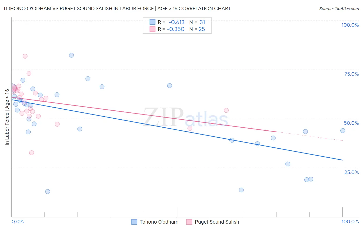 Tohono O'odham vs Puget Sound Salish In Labor Force | Age > 16