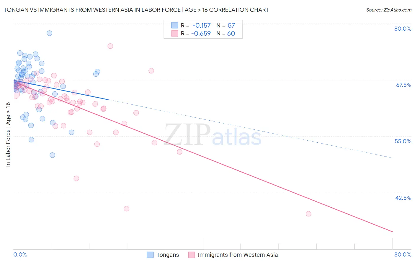 Tongan vs Immigrants from Western Asia In Labor Force | Age > 16