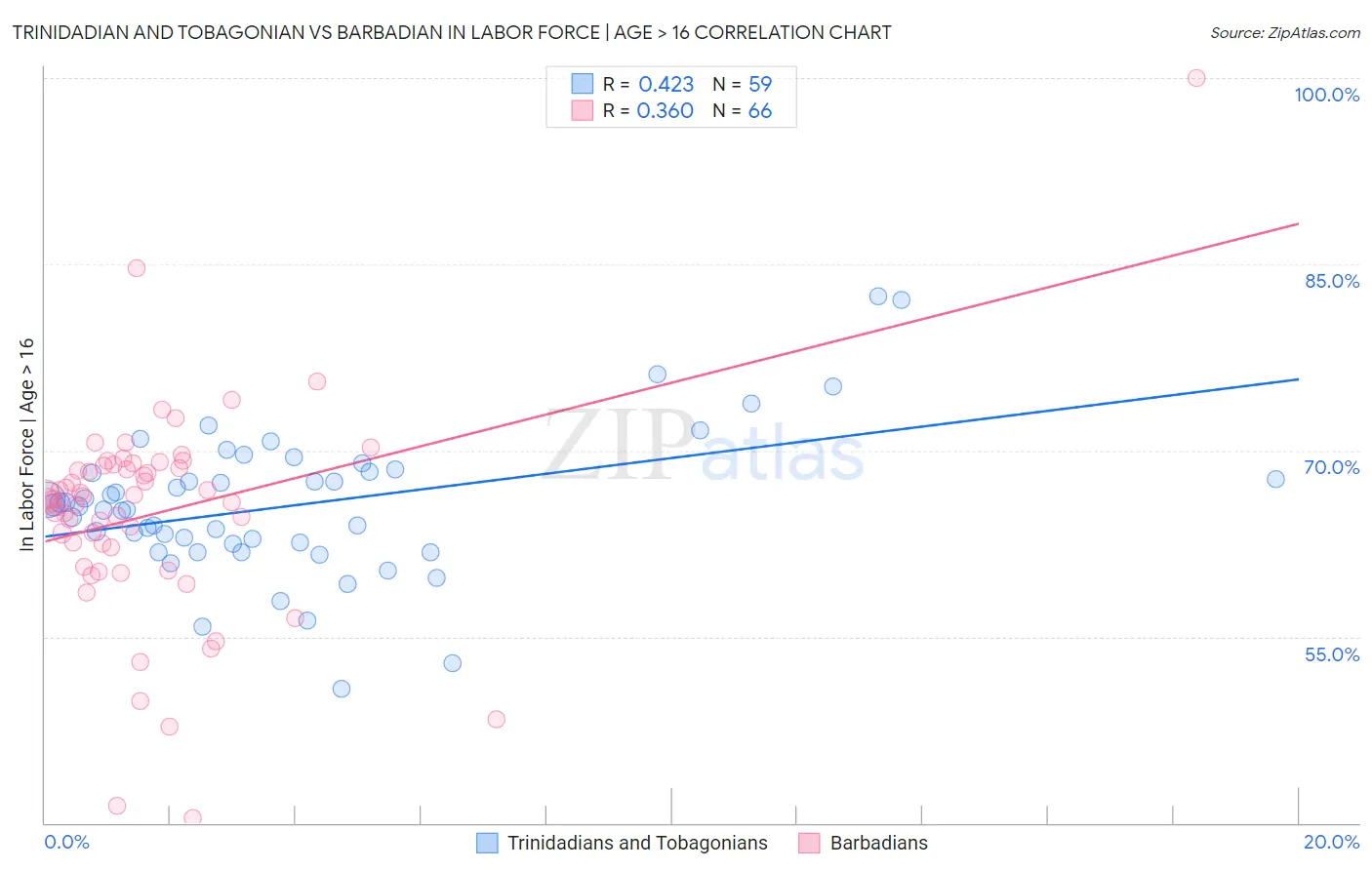 Trinidadian and Tobagonian vs Barbadian In Labor Force | Age > 16