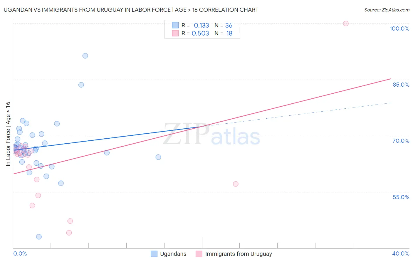 Ugandan vs Immigrants from Uruguay In Labor Force | Age > 16
