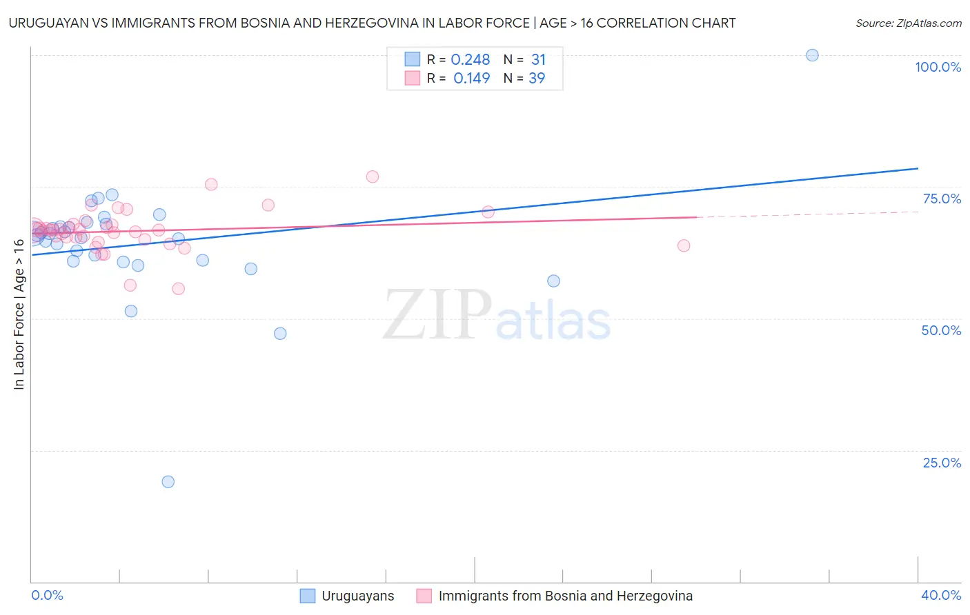 Uruguayan vs Immigrants from Bosnia and Herzegovina In Labor Force | Age > 16