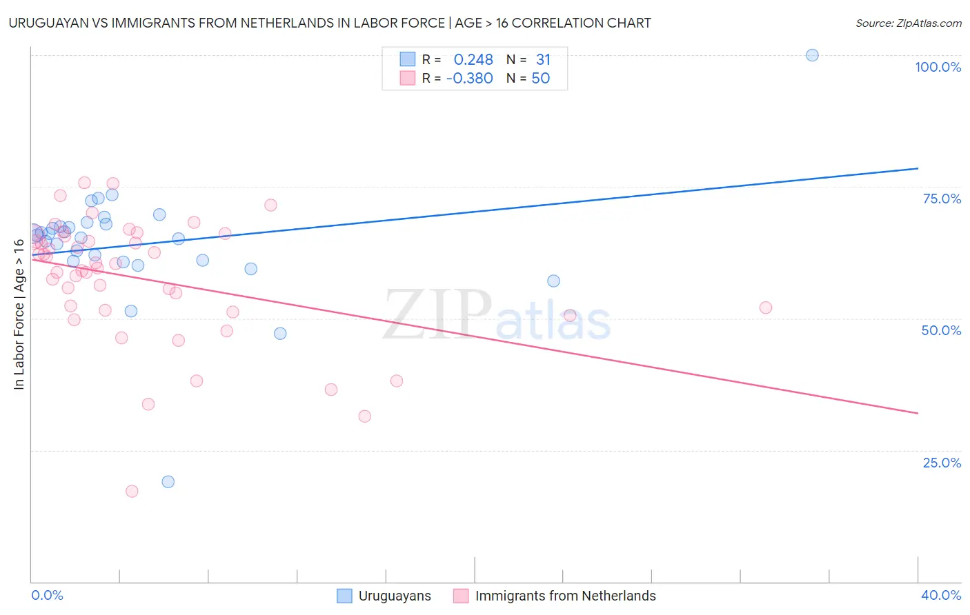 Uruguayan vs Immigrants from Netherlands In Labor Force | Age > 16