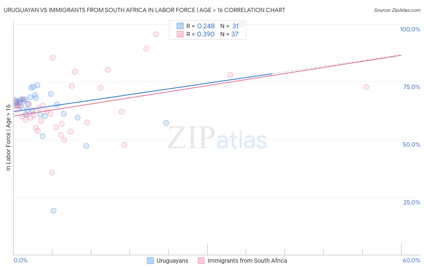 Uruguayan vs Immigrants from South Africa In Labor Force | Age > 16