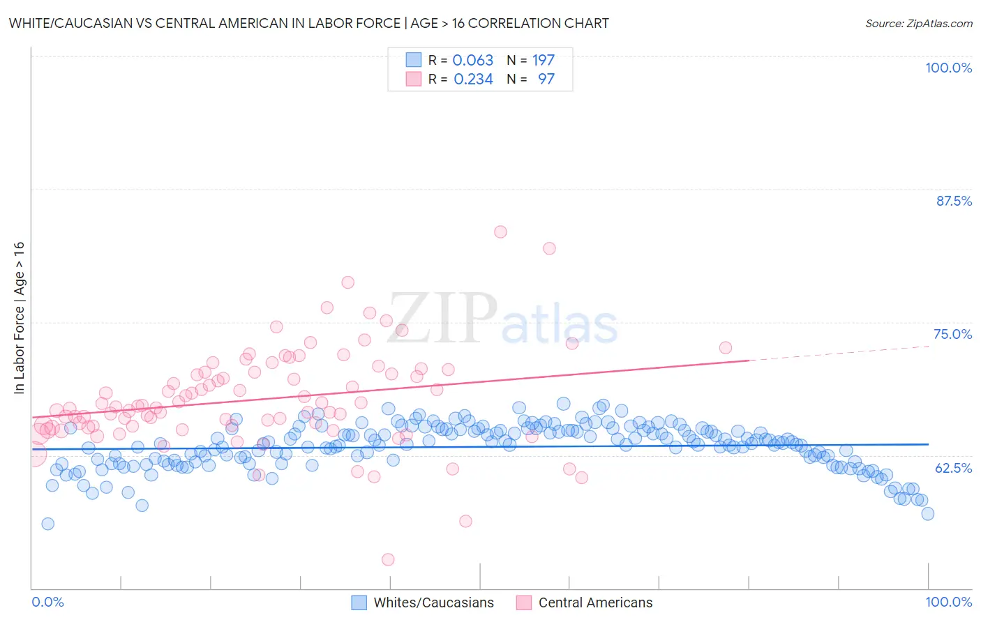 White/Caucasian vs Central American In Labor Force | Age > 16