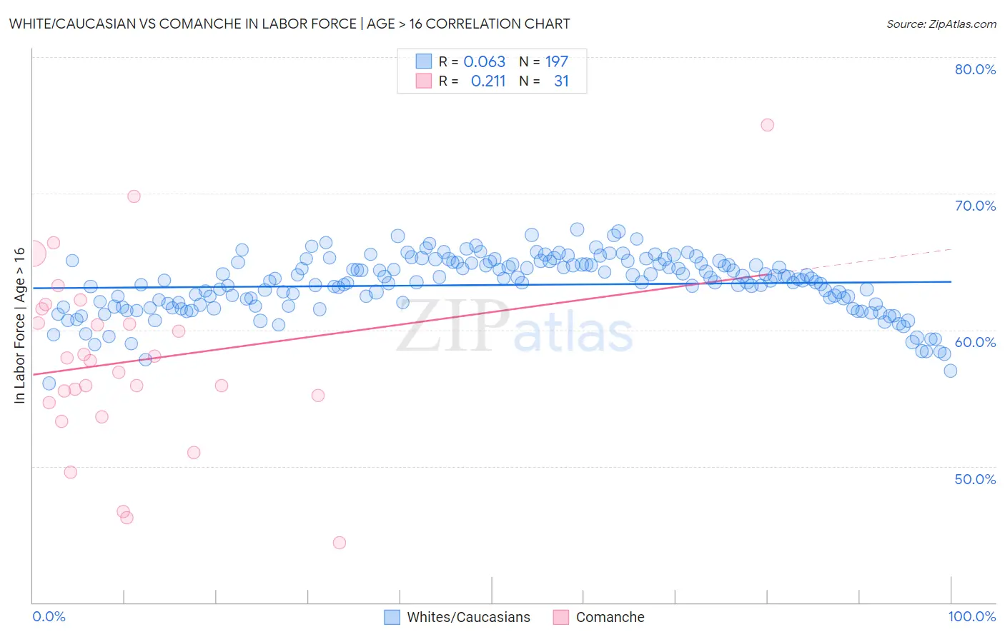 White/Caucasian vs Comanche In Labor Force | Age > 16