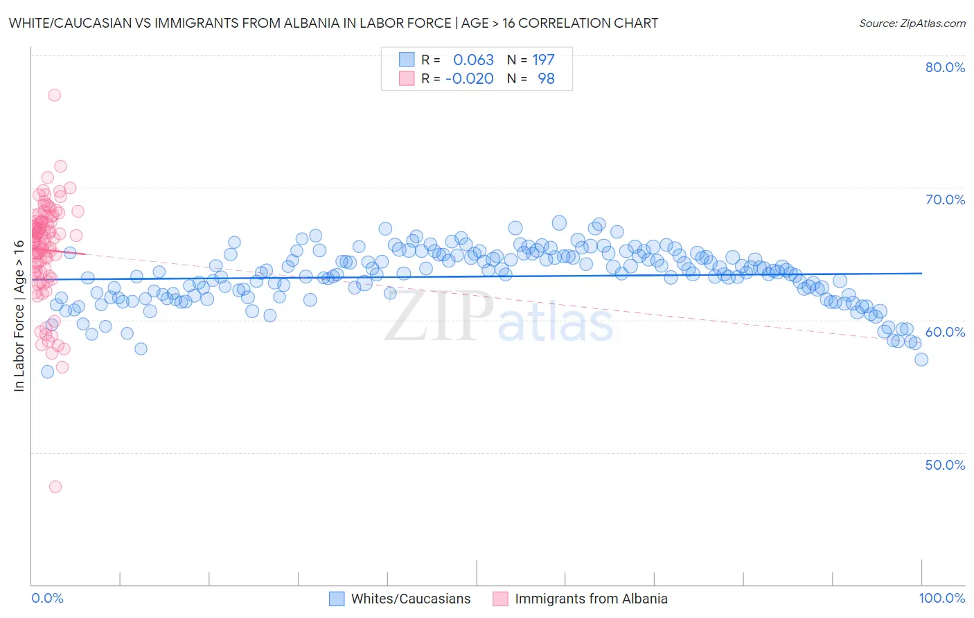 White/Caucasian vs Immigrants from Albania In Labor Force | Age > 16