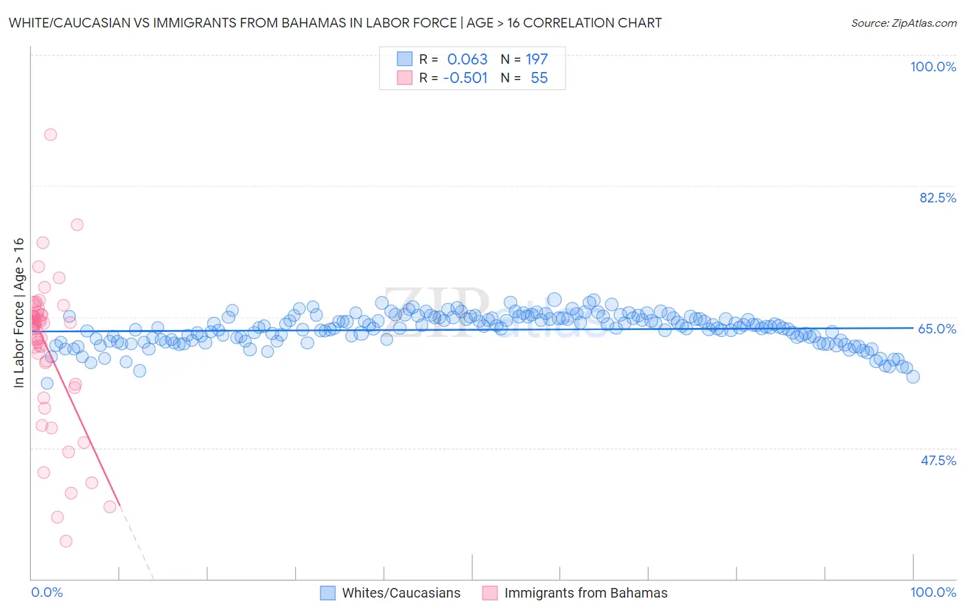 White/Caucasian vs Immigrants from Bahamas In Labor Force | Age > 16
