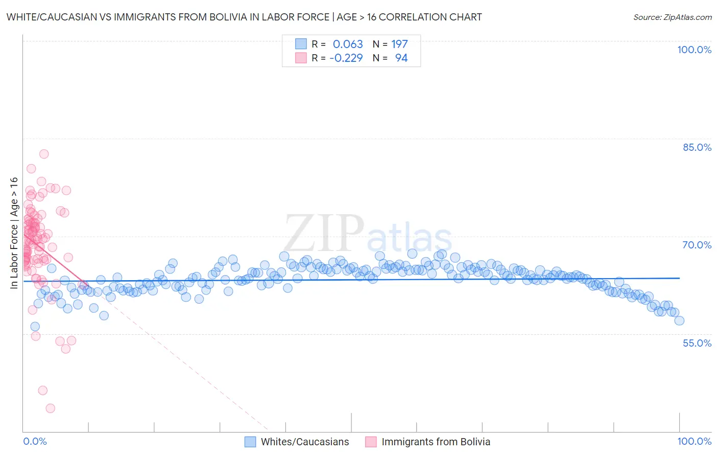 White/Caucasian vs Immigrants from Bolivia In Labor Force | Age > 16