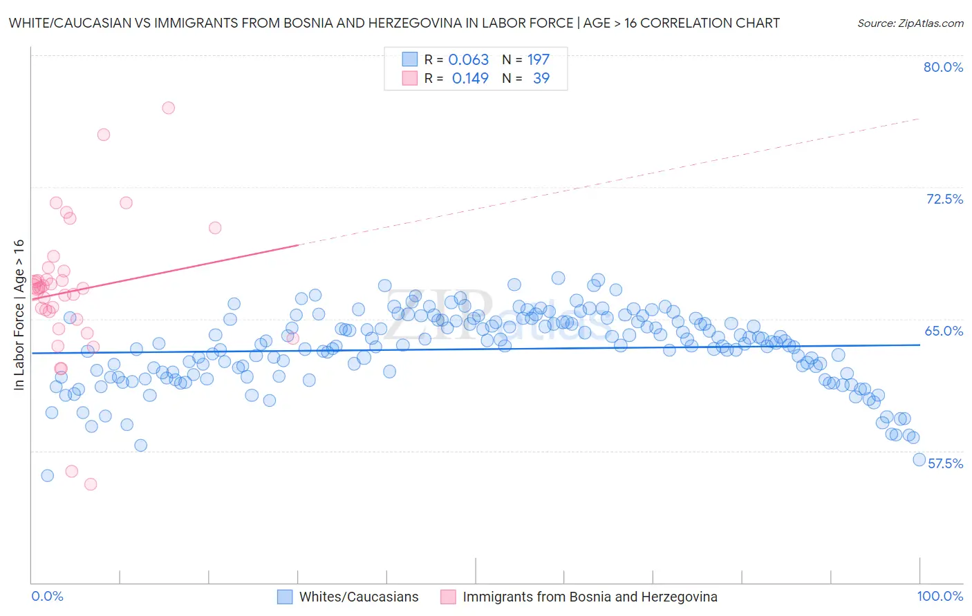 White/Caucasian vs Immigrants from Bosnia and Herzegovina In Labor Force | Age > 16