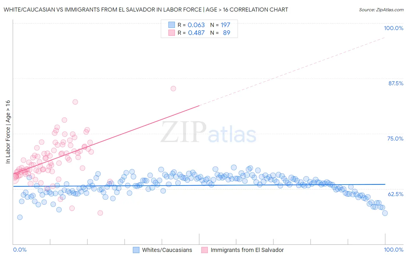 White/Caucasian vs Immigrants from El Salvador In Labor Force | Age > 16