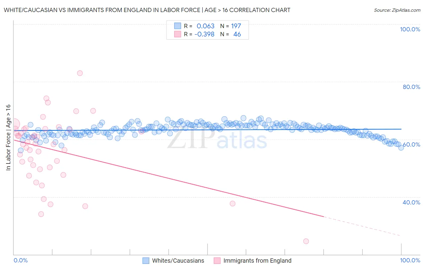 White/Caucasian vs Immigrants from England In Labor Force | Age > 16