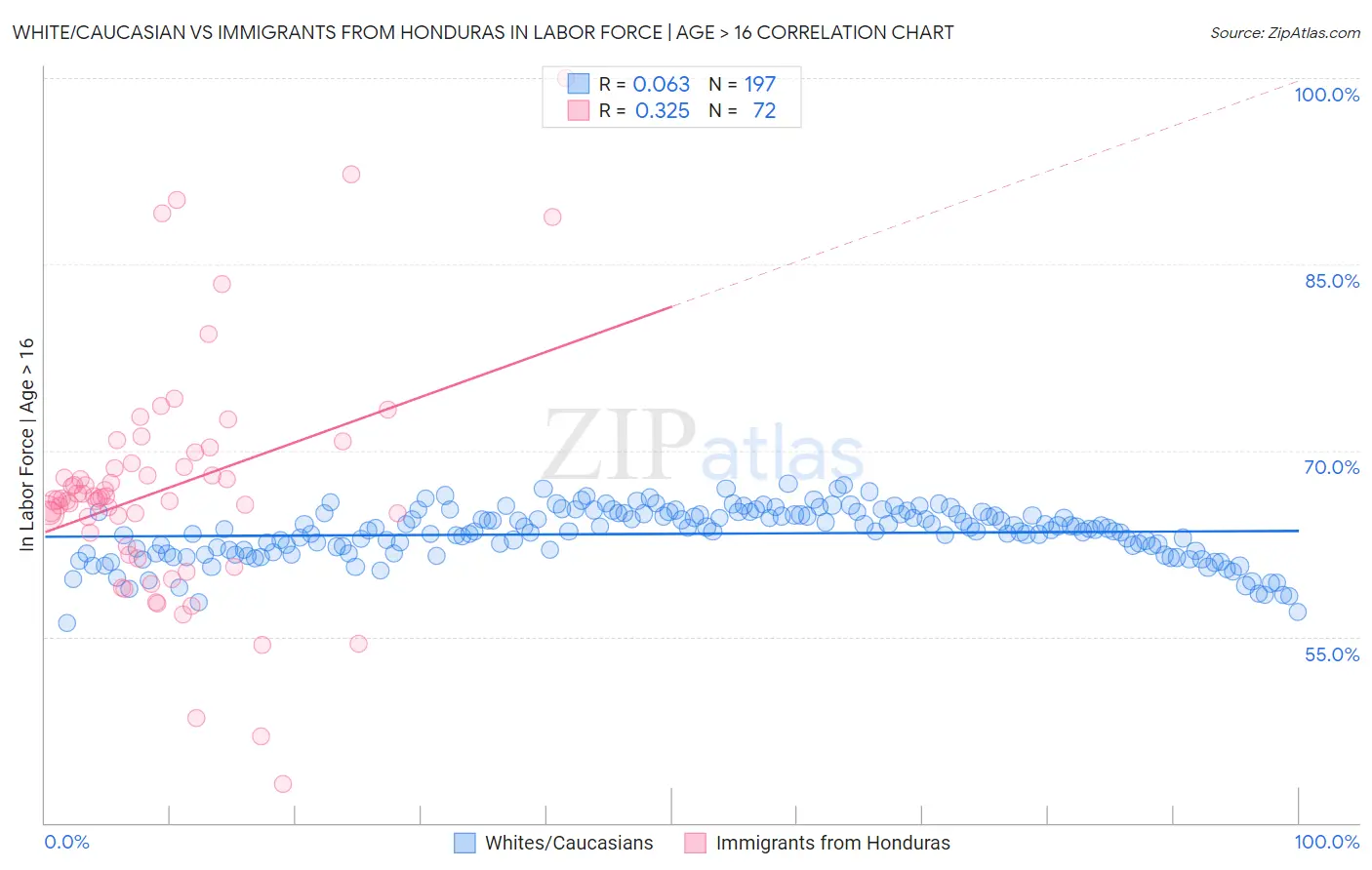 White/Caucasian vs Immigrants from Honduras In Labor Force | Age > 16