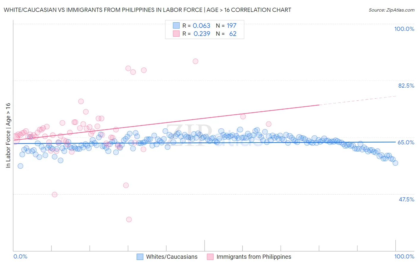 White/Caucasian vs Immigrants from Philippines In Labor Force | Age > 16