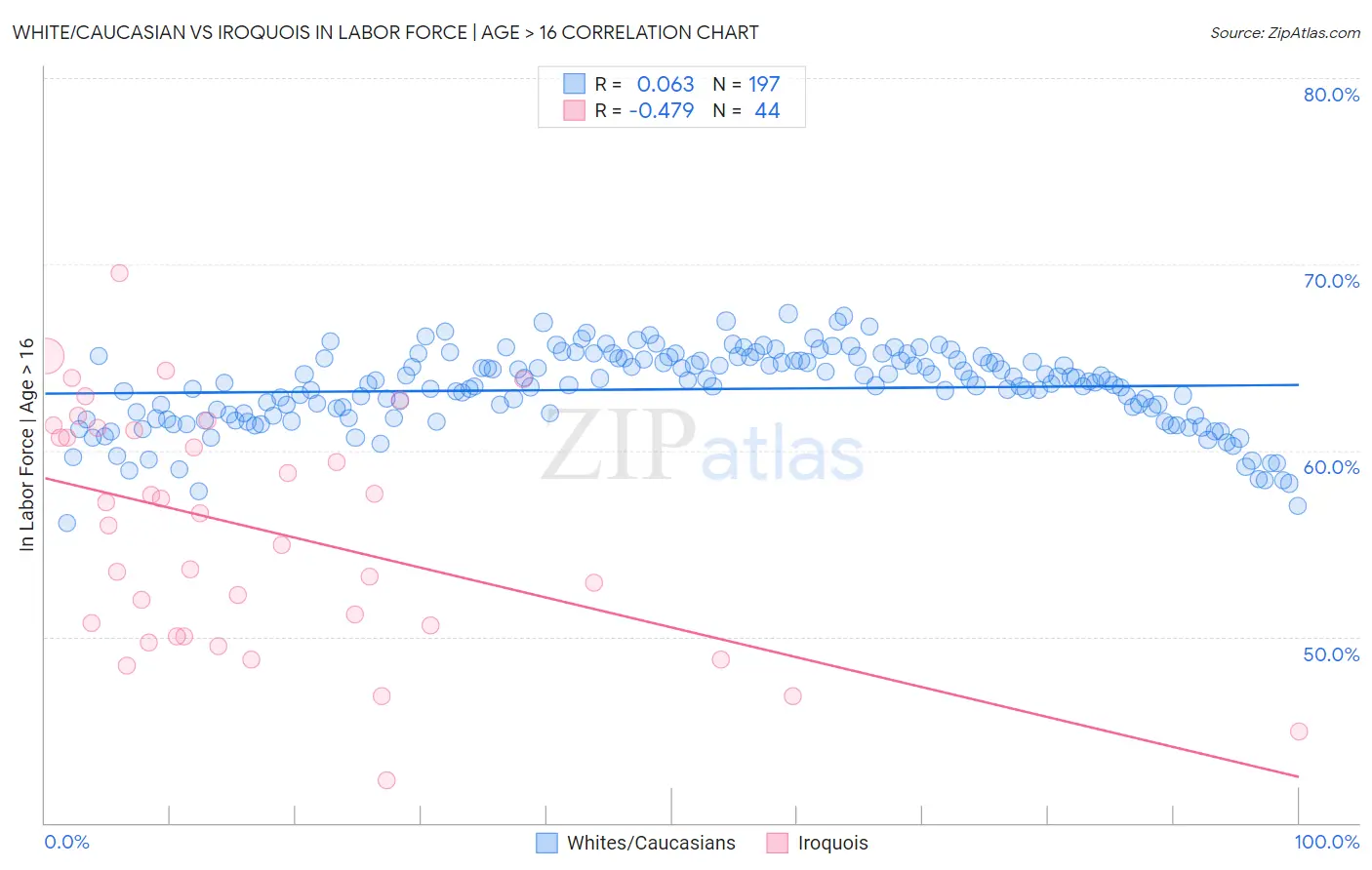 White/Caucasian vs Iroquois In Labor Force | Age > 16