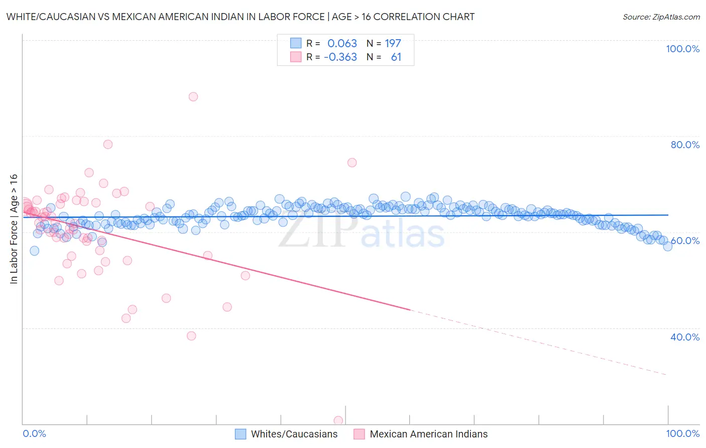 White/Caucasian vs Mexican American Indian In Labor Force | Age > 16