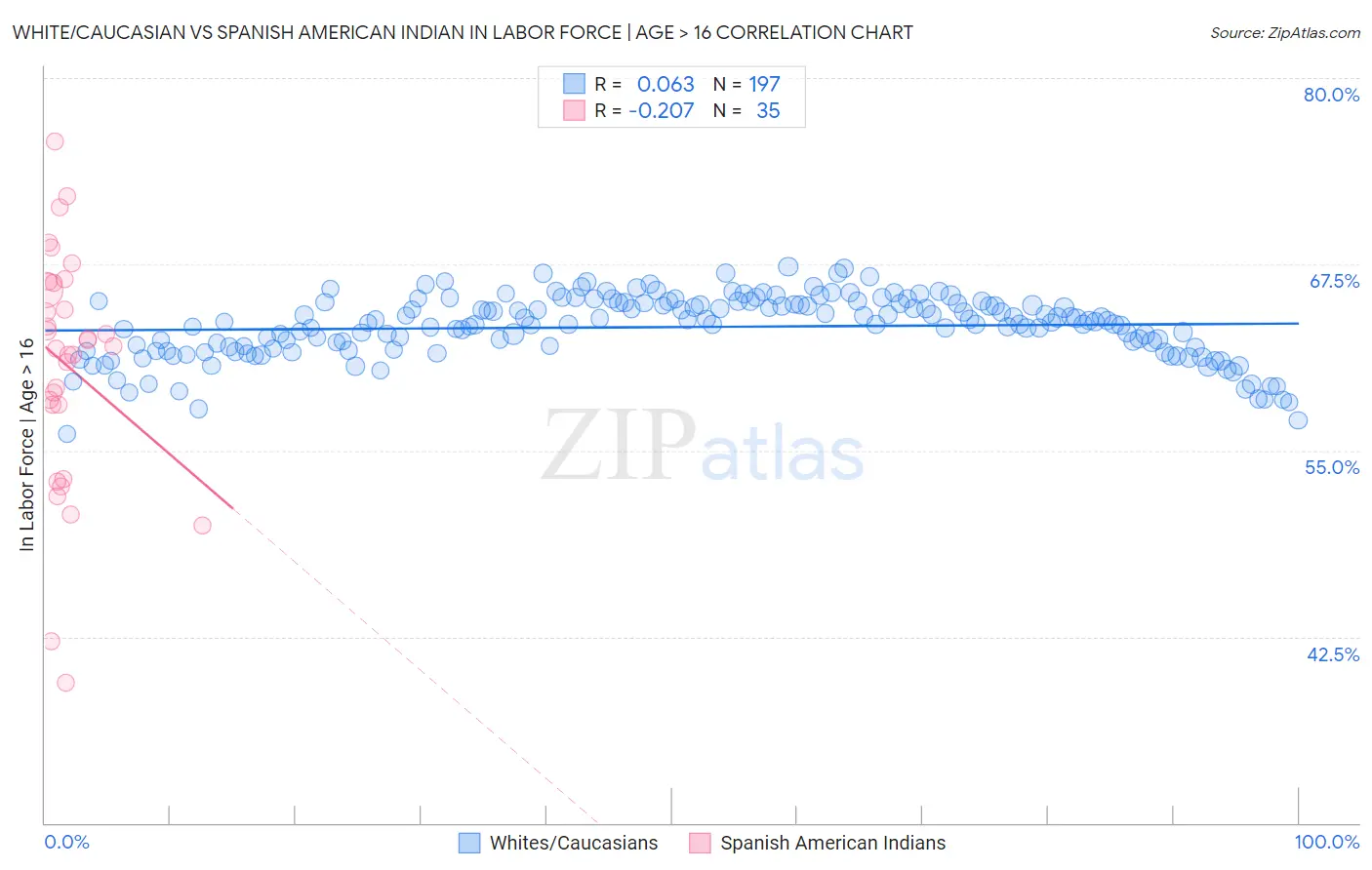 White/Caucasian vs Spanish American Indian In Labor Force | Age > 16