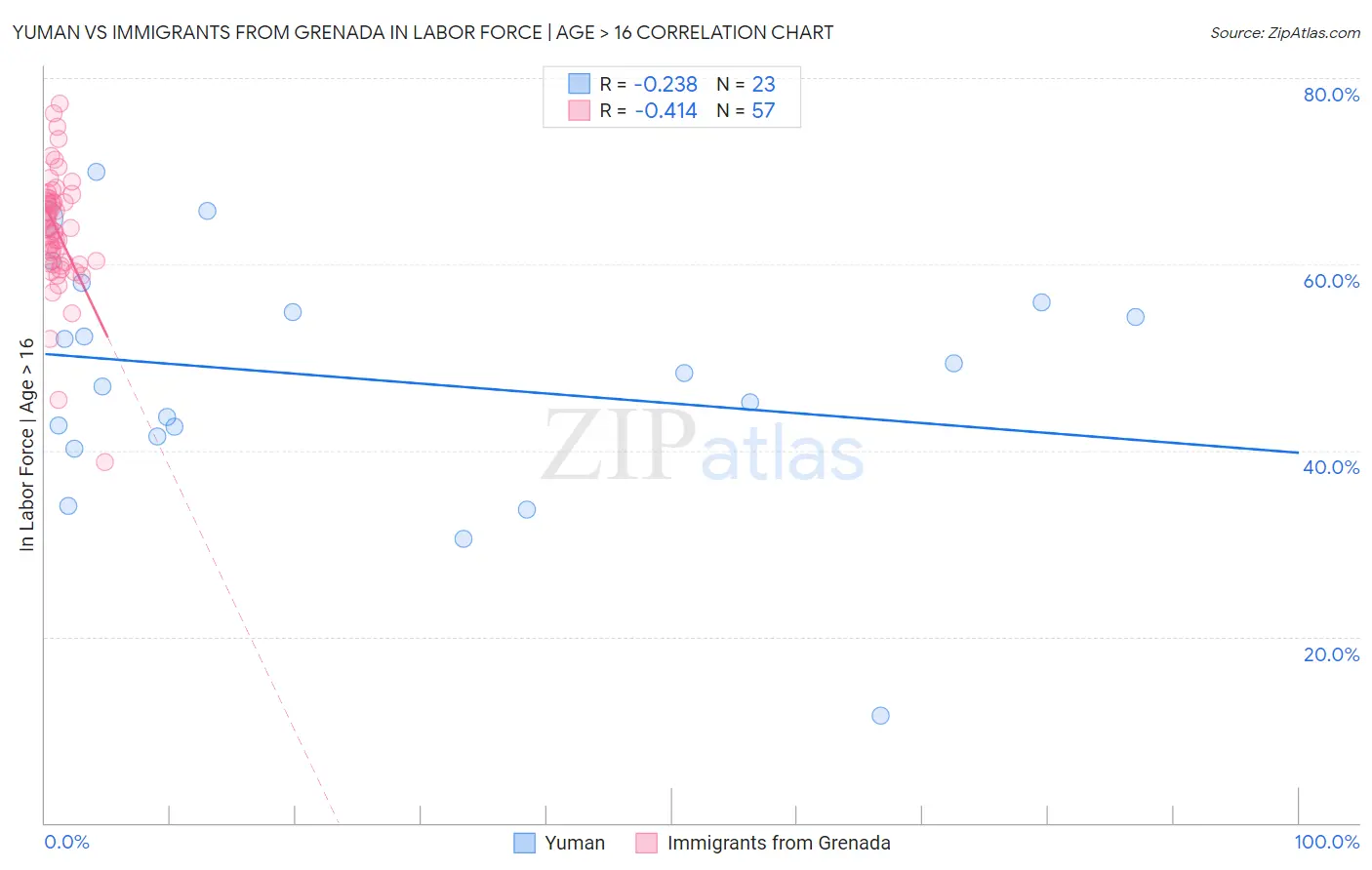 Yuman vs Immigrants from Grenada In Labor Force | Age > 16