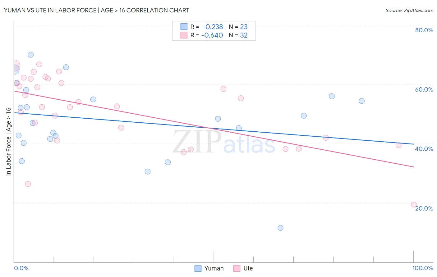 Yuman vs Ute In Labor Force | Age > 16
