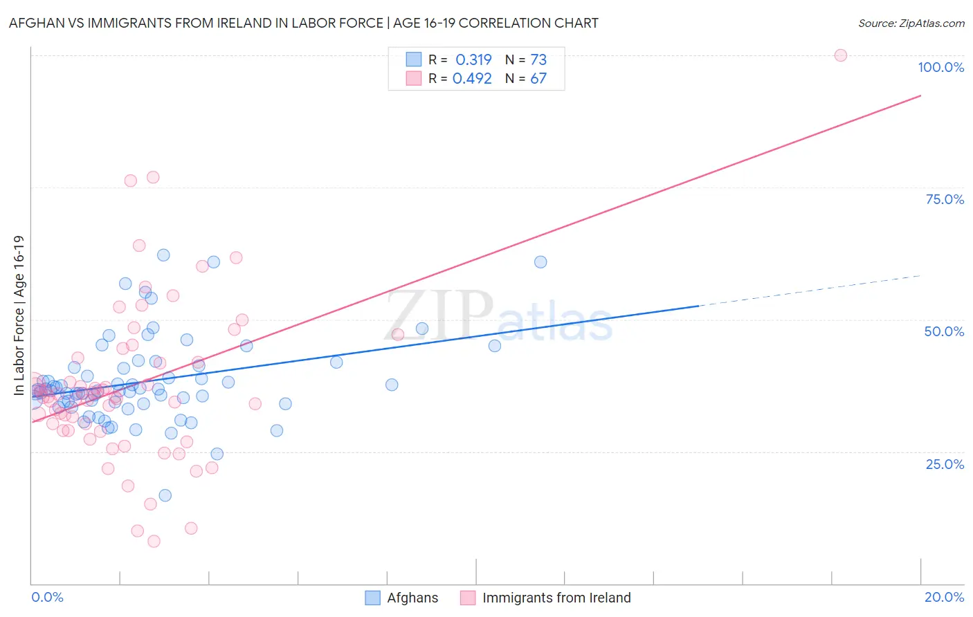 Afghan vs Immigrants from Ireland In Labor Force | Age 16-19