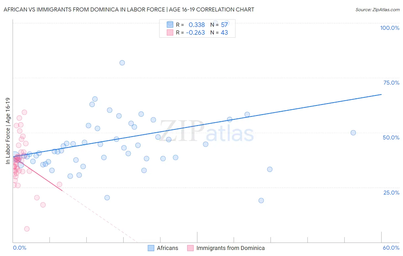 African vs Immigrants from Dominica In Labor Force | Age 16-19