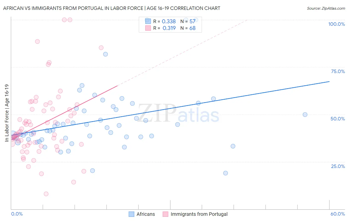African vs Immigrants from Portugal In Labor Force | Age 16-19