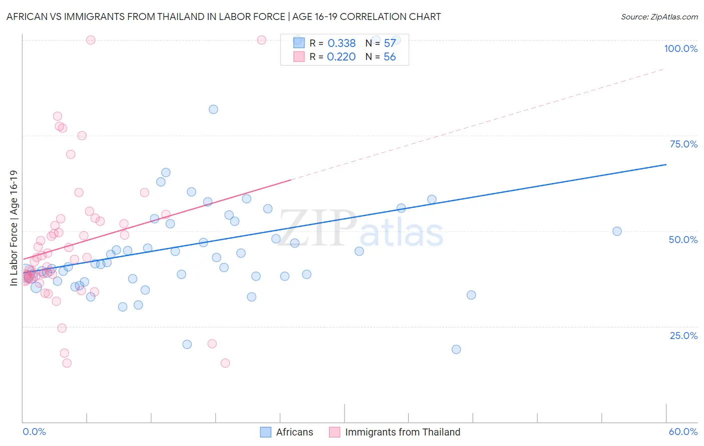 African vs Immigrants from Thailand In Labor Force | Age 16-19