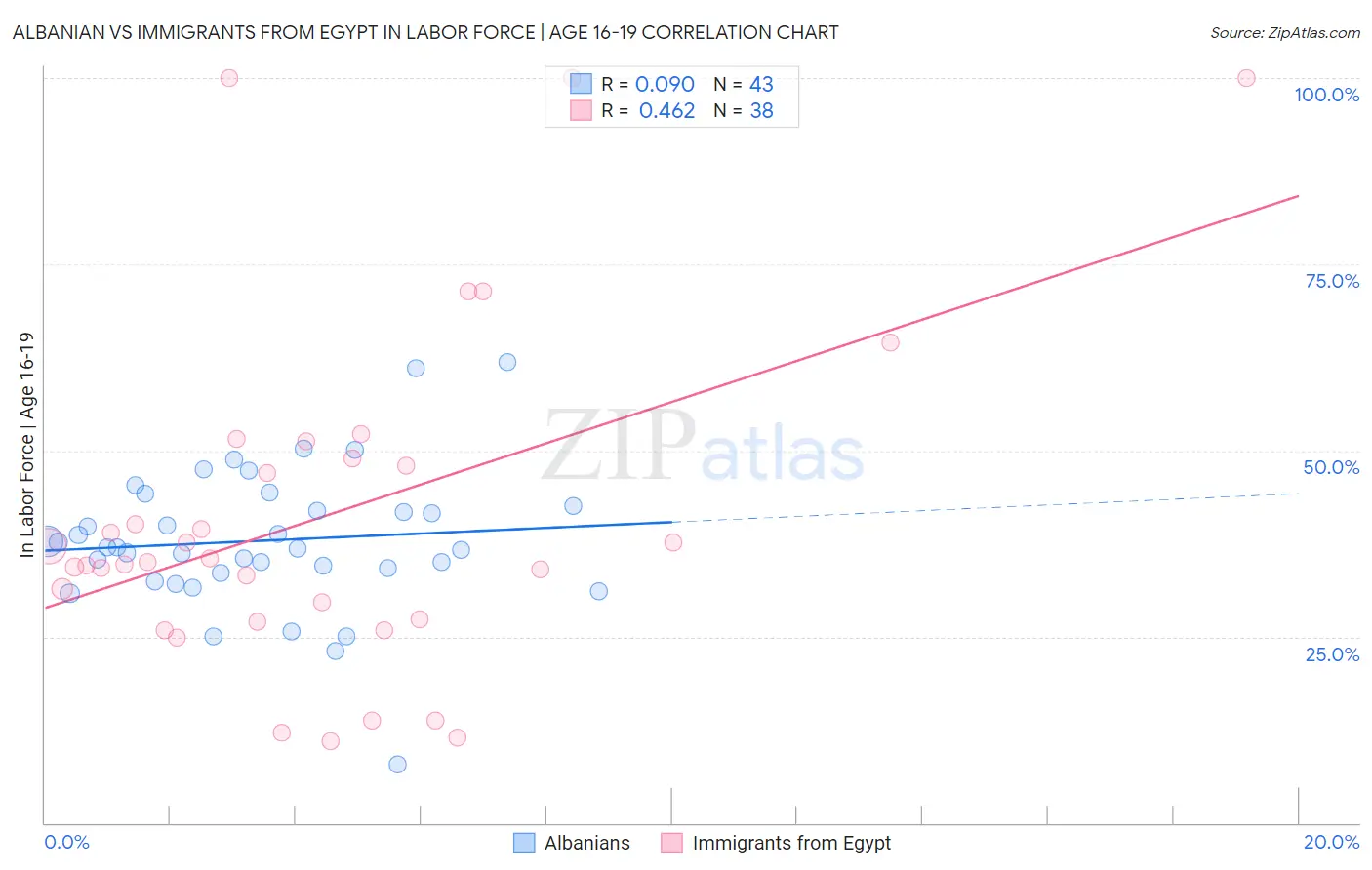 Albanian vs Immigrants from Egypt In Labor Force | Age 16-19