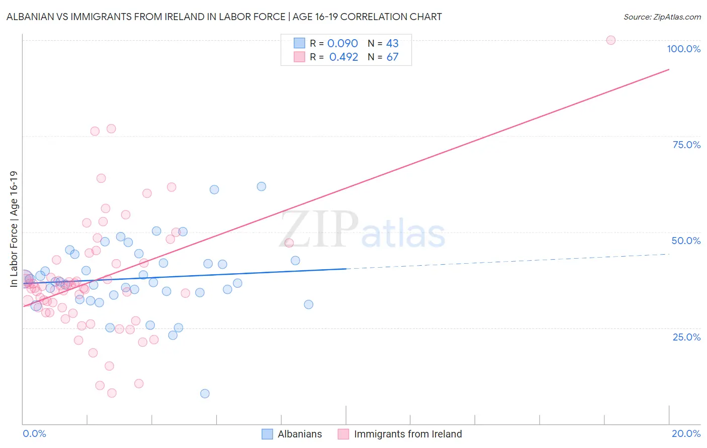 Albanian vs Immigrants from Ireland In Labor Force | Age 16-19