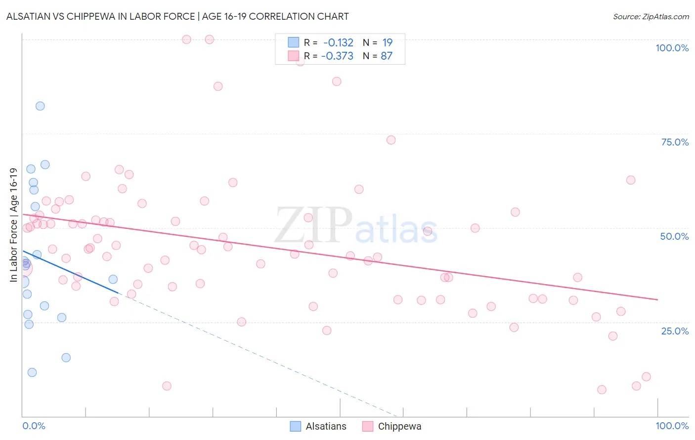 Alsatian vs Chippewa In Labor Force | Age 16-19