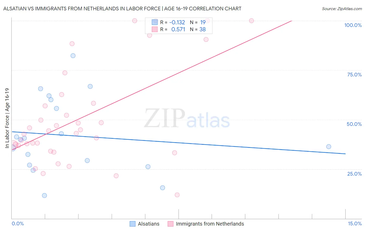 Alsatian vs Immigrants from Netherlands In Labor Force | Age 16-19