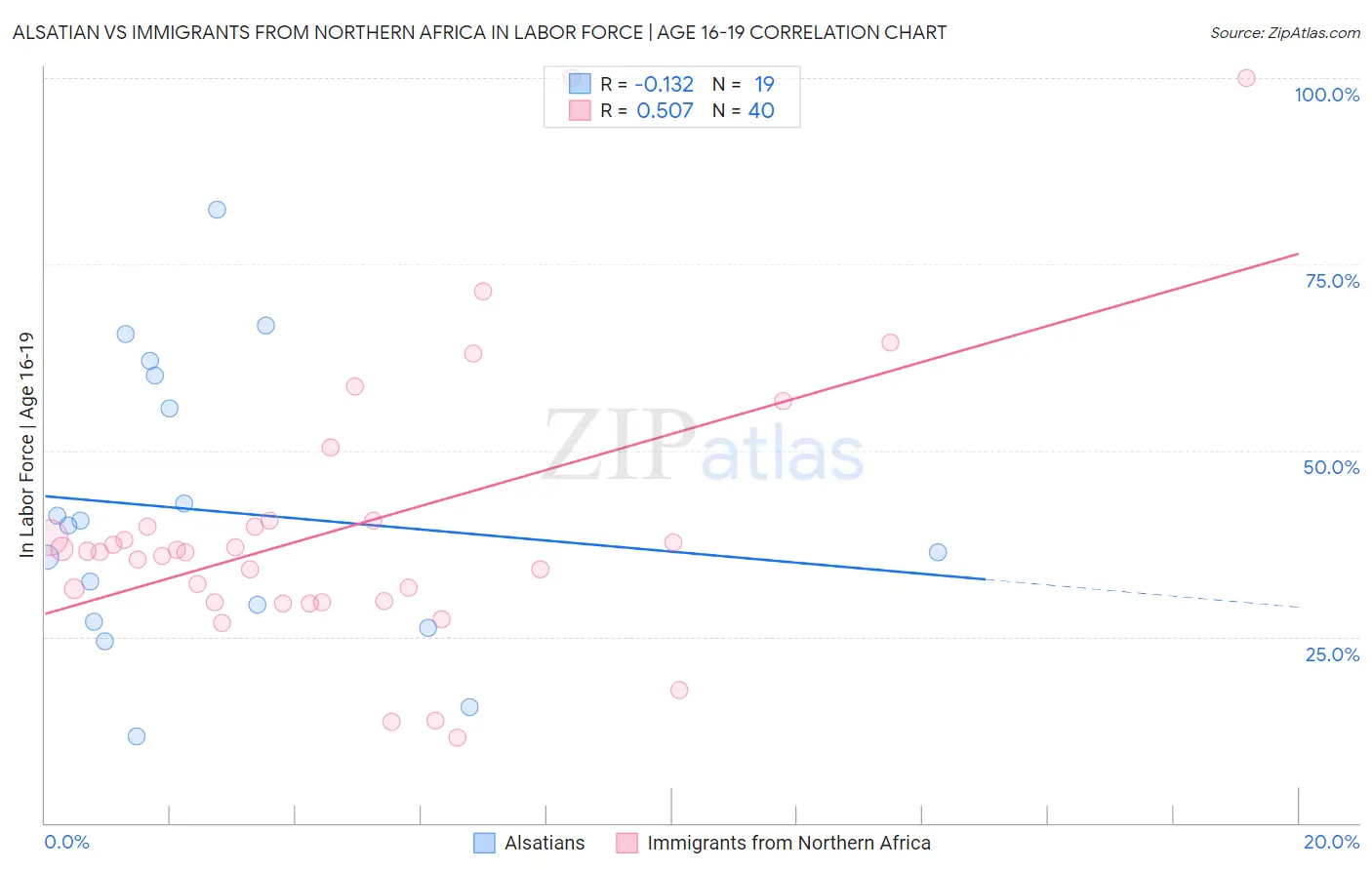 Alsatian vs Immigrants from Northern Africa In Labor Force | Age 16-19