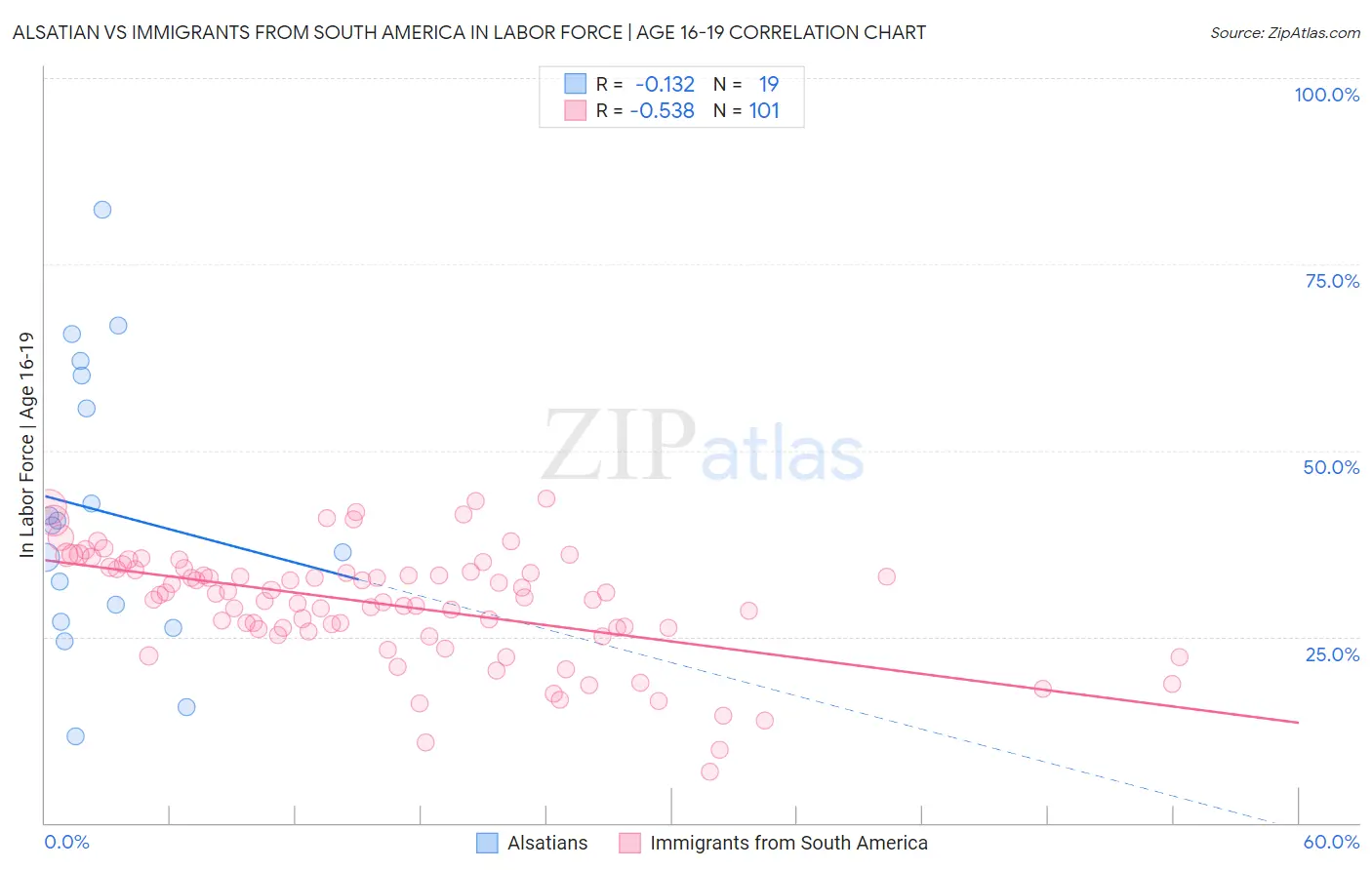 Alsatian vs Immigrants from South America In Labor Force | Age 16-19