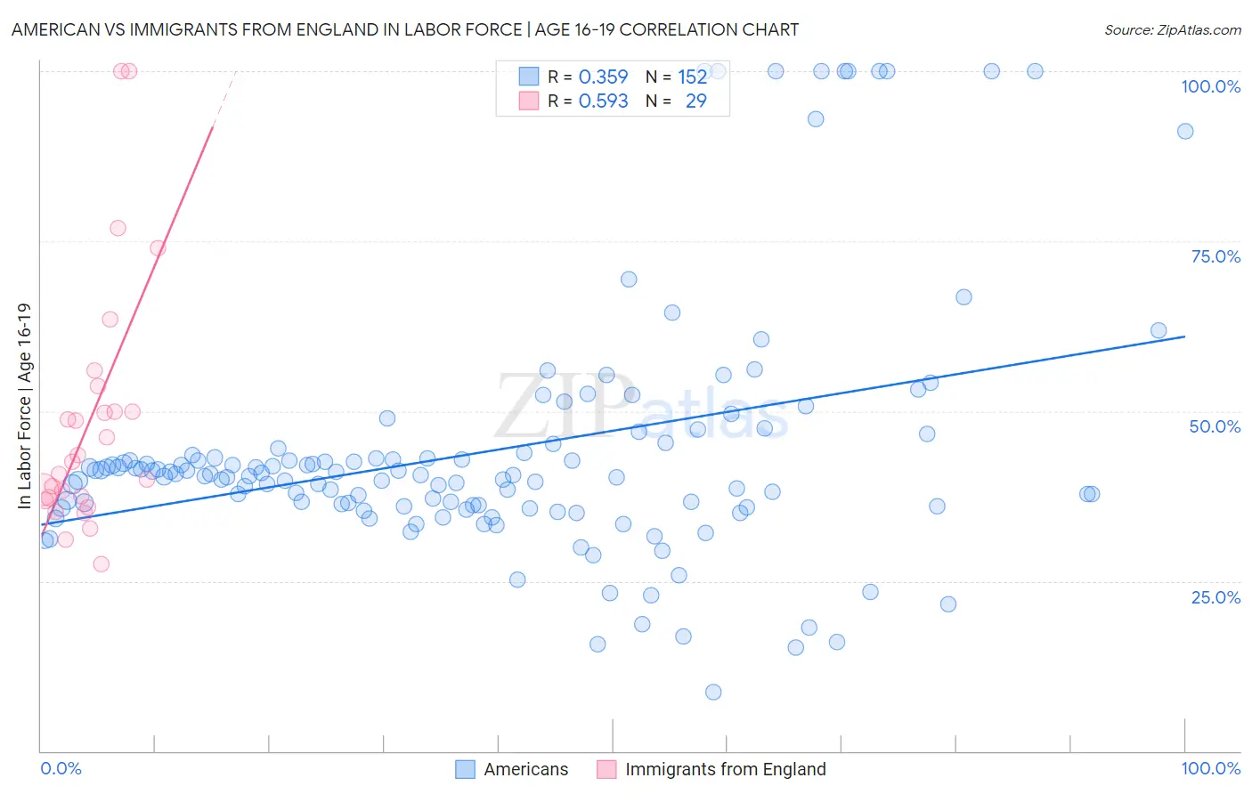 American vs Immigrants from England In Labor Force | Age 16-19