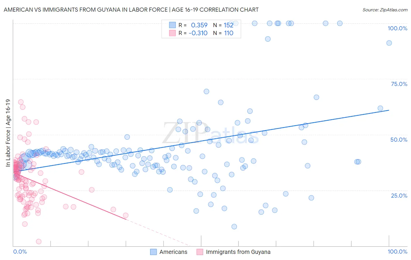 American vs Immigrants from Guyana In Labor Force | Age 16-19