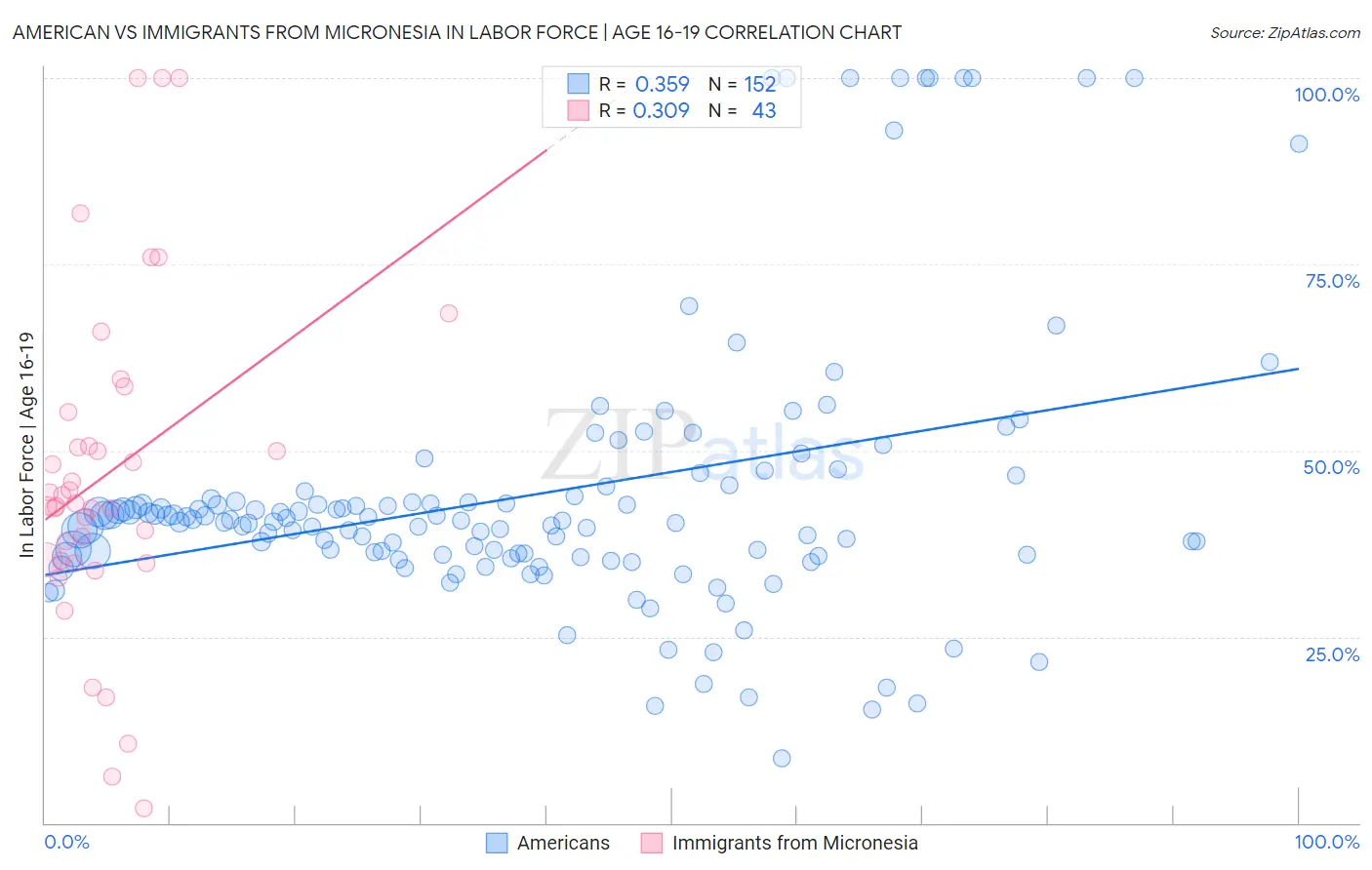 American vs Immigrants from Micronesia In Labor Force | Age 16-19
