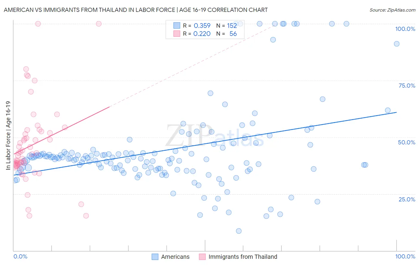 American vs Immigrants from Thailand In Labor Force | Age 16-19