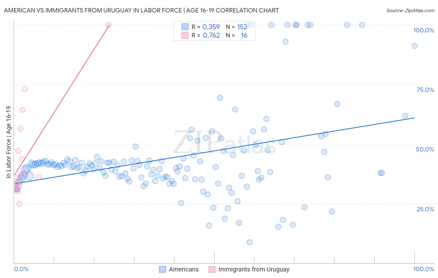 American vs Immigrants from Uruguay In Labor Force | Age 16-19