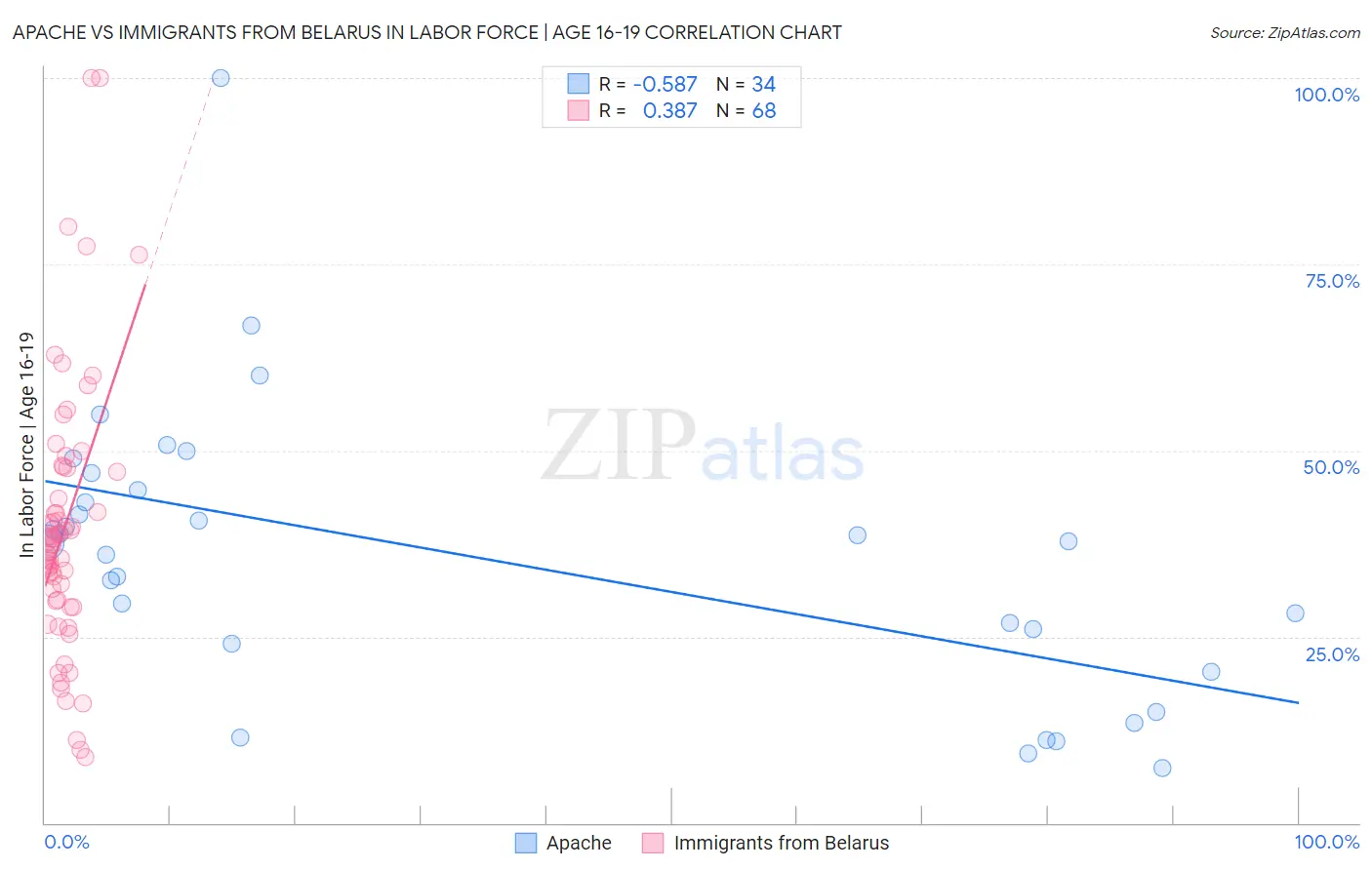 Apache vs Immigrants from Belarus In Labor Force | Age 16-19