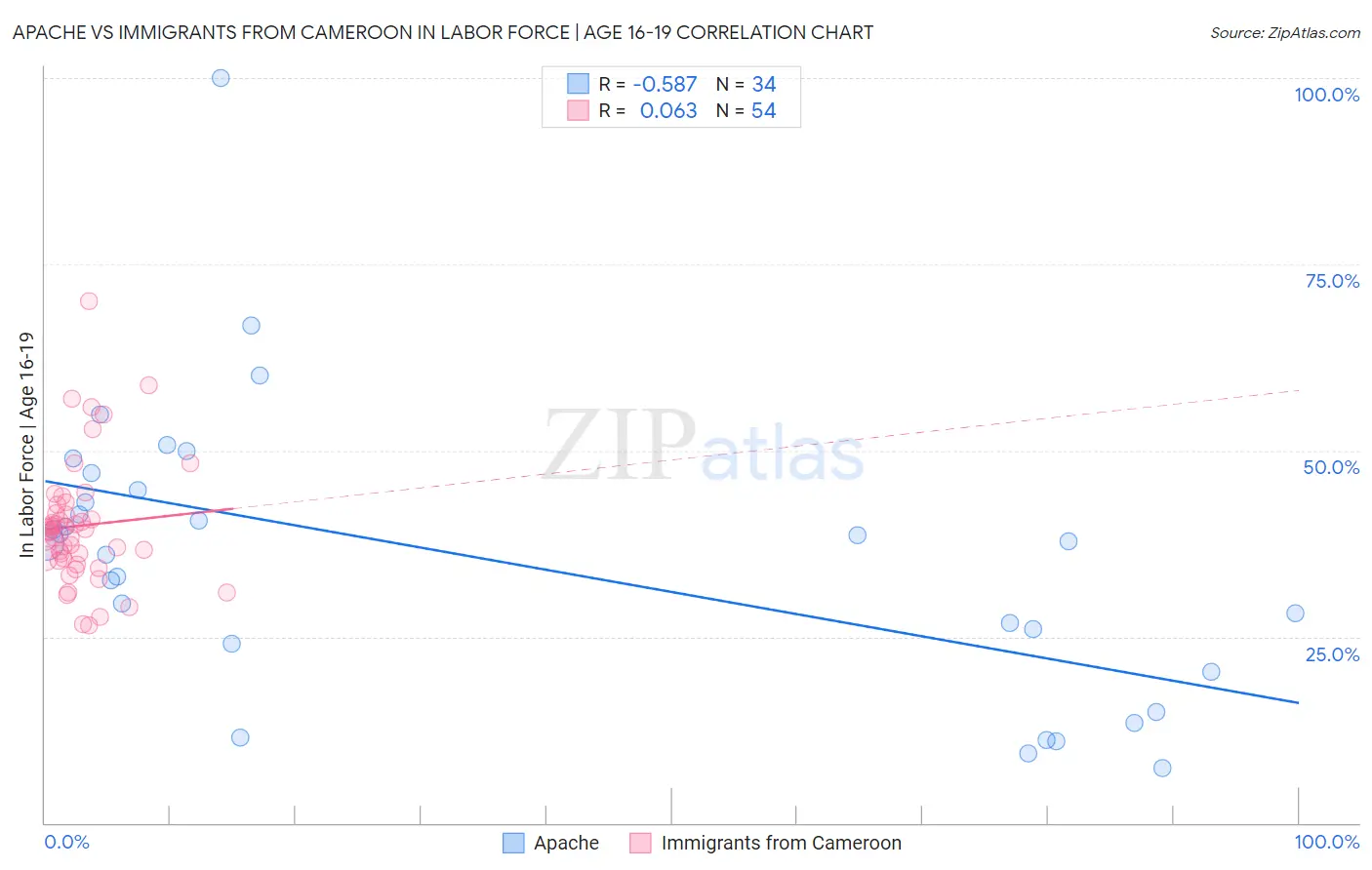 Apache vs Immigrants from Cameroon In Labor Force | Age 16-19