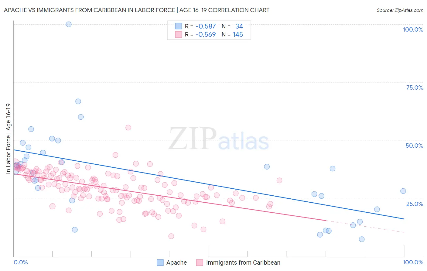 Apache vs Immigrants from Caribbean In Labor Force | Age 16-19