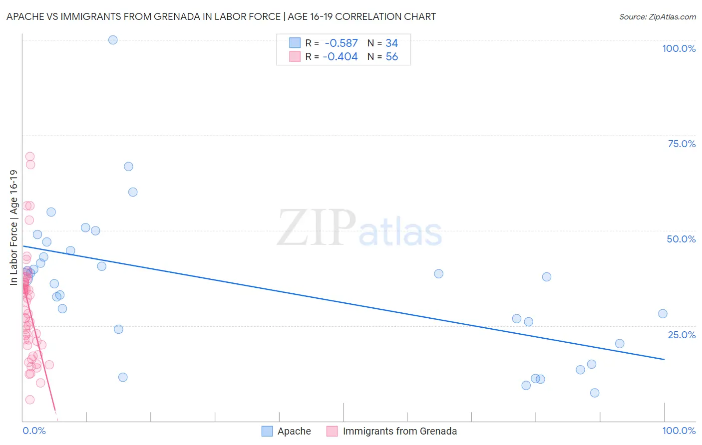 Apache vs Immigrants from Grenada In Labor Force | Age 16-19