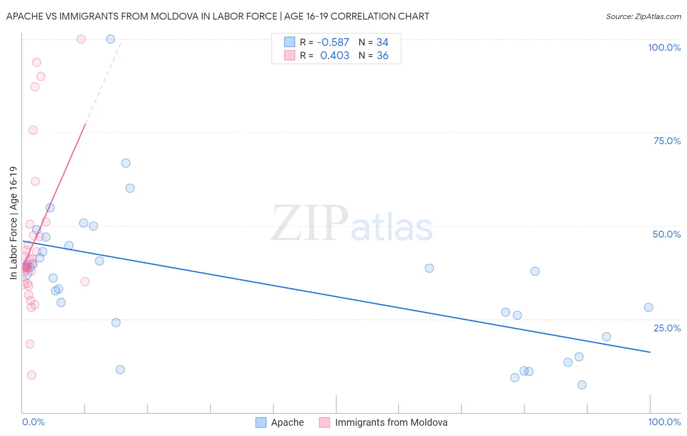 Apache vs Immigrants from Moldova In Labor Force | Age 16-19