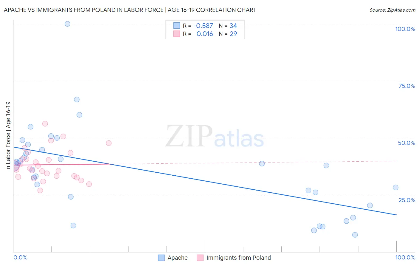 Apache vs Immigrants from Poland In Labor Force | Age 16-19