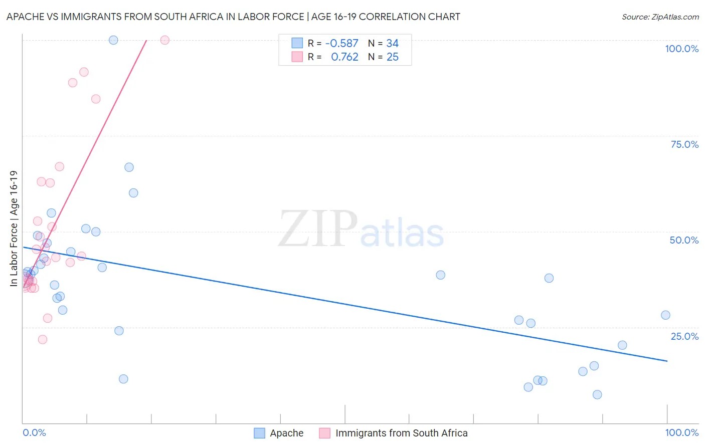 Apache vs Immigrants from South Africa In Labor Force | Age 16-19