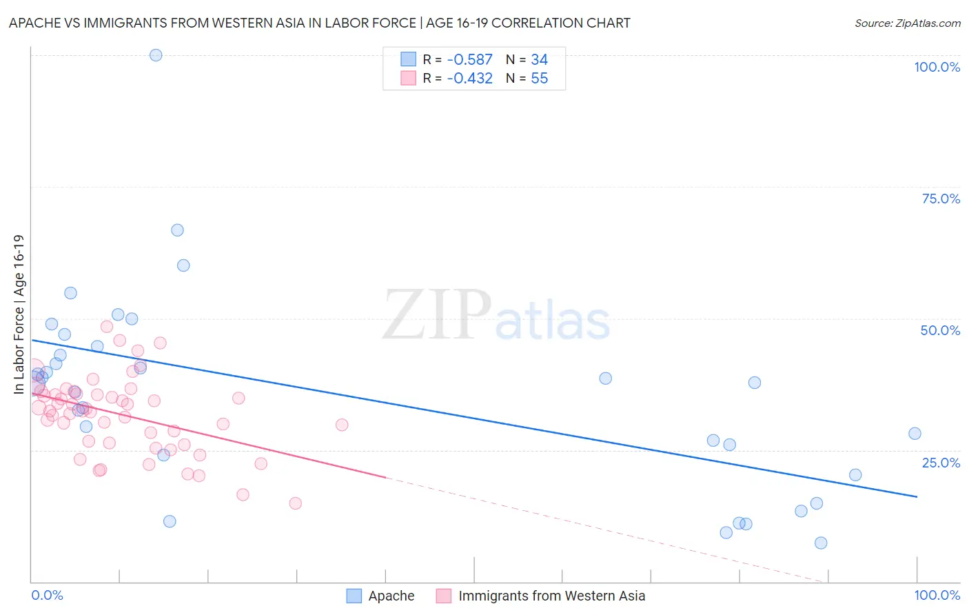 Apache vs Immigrants from Western Asia In Labor Force | Age 16-19