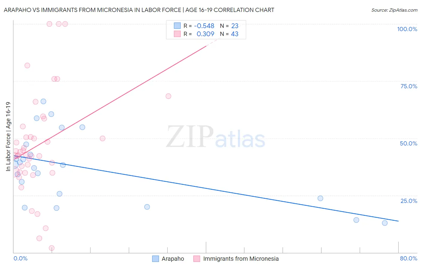 Arapaho vs Immigrants from Micronesia In Labor Force | Age 16-19