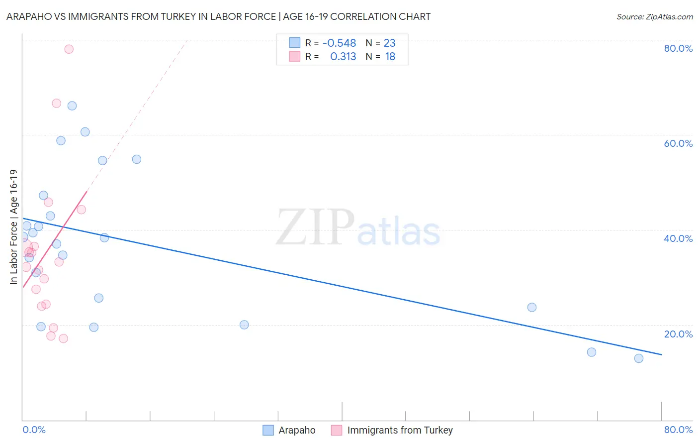 Arapaho vs Immigrants from Turkey In Labor Force | Age 16-19