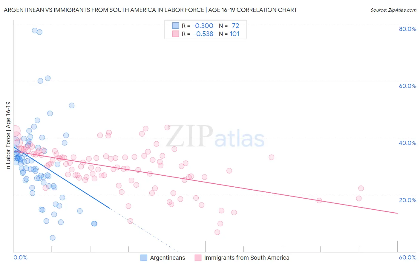 Argentinean vs Immigrants from South America In Labor Force | Age 16-19