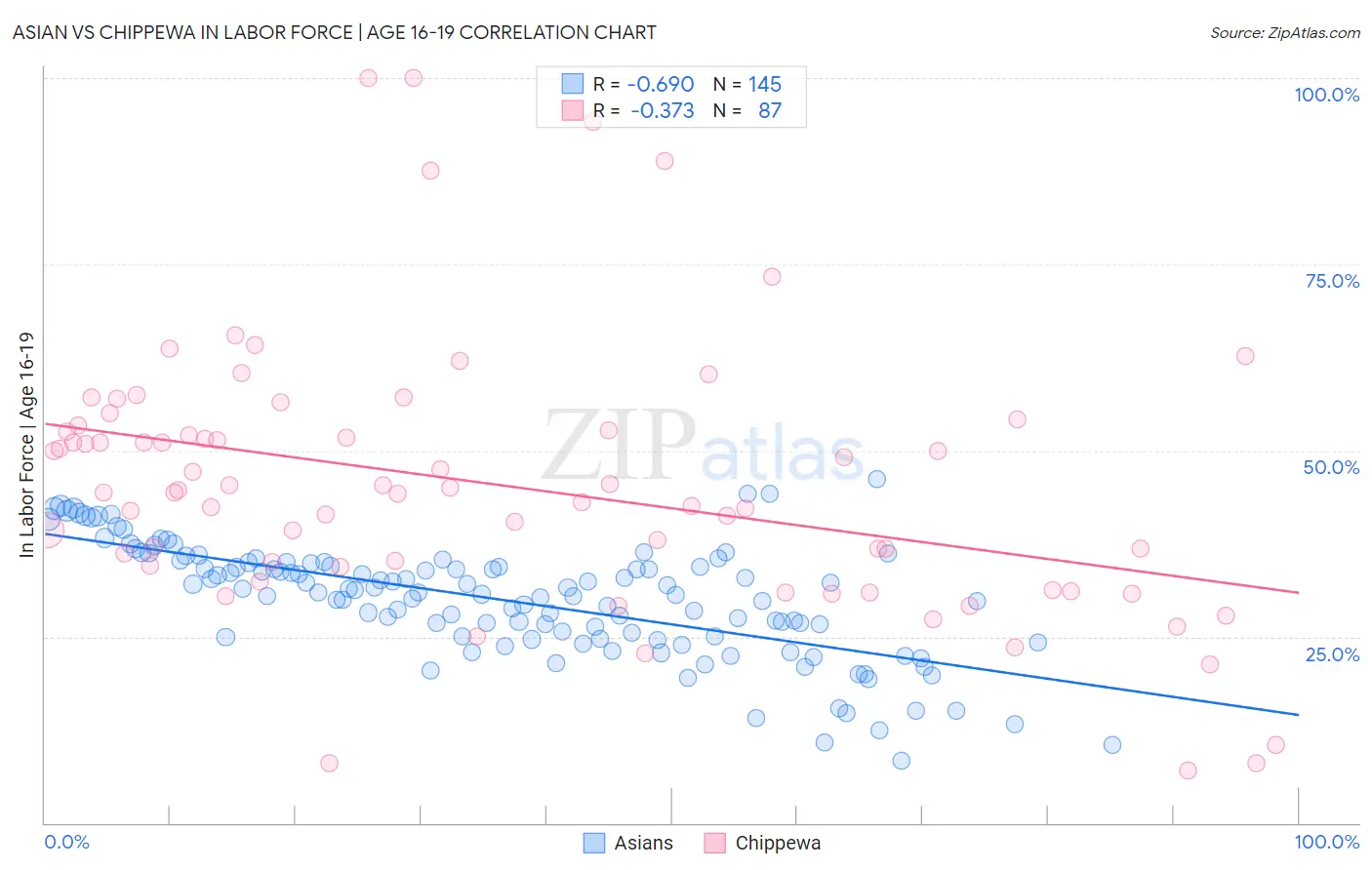 Asian vs Chippewa In Labor Force | Age 16-19