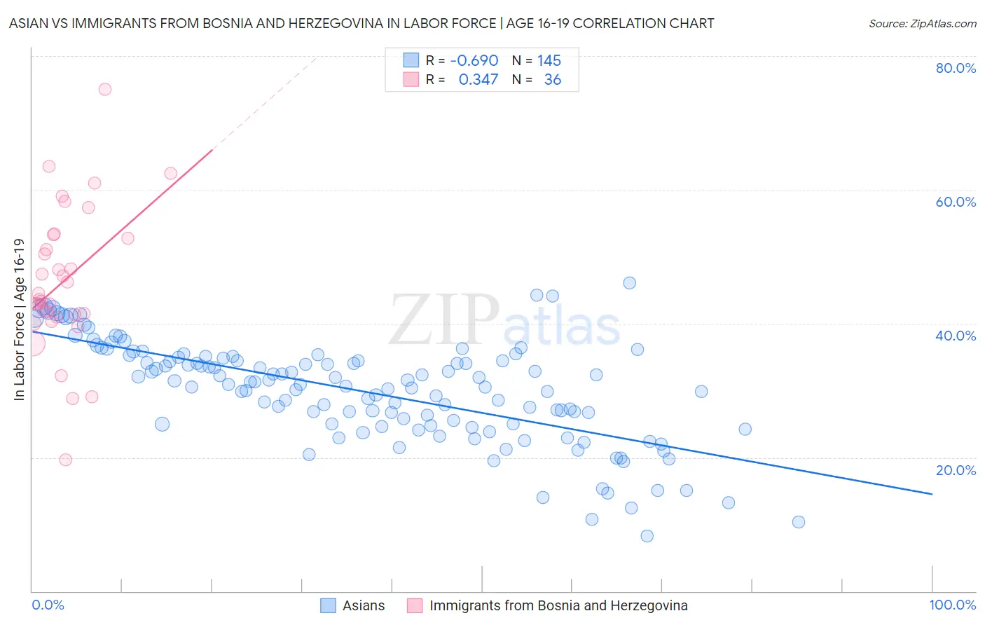 Asian vs Immigrants from Bosnia and Herzegovina In Labor Force | Age 16-19